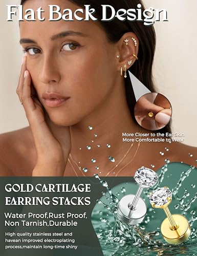 JeryWe 16G Cartilage Earrings for Women Flat Back Earrings Hypoallergenic Surgical Steel Small Flatback Stud Hoop Cartilage Earring Stacks Helix Conch Tragus Daith Piercing Jewelry 12 PCS(Single)2