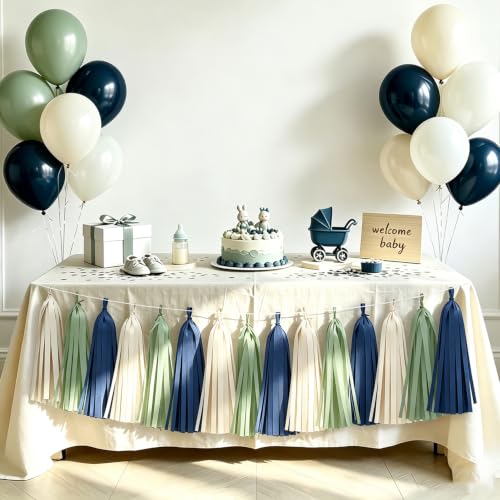 Image of Navy Sage Green Tassel Garland for Wedding Decor Baby Shower Decorations