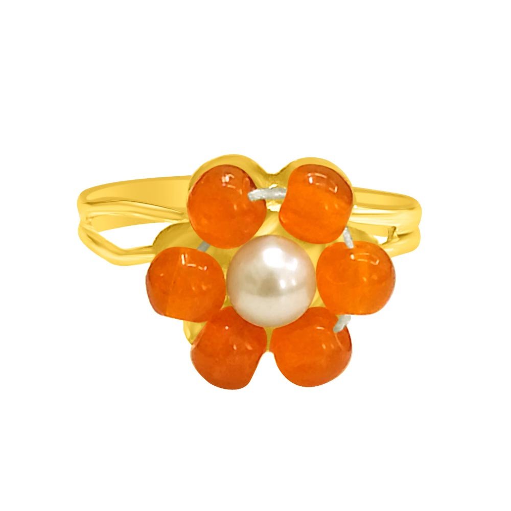 Flower Shape Orange Coloured Stone and Real Freshwater Pearl Adjustable Ring for Women-image-33