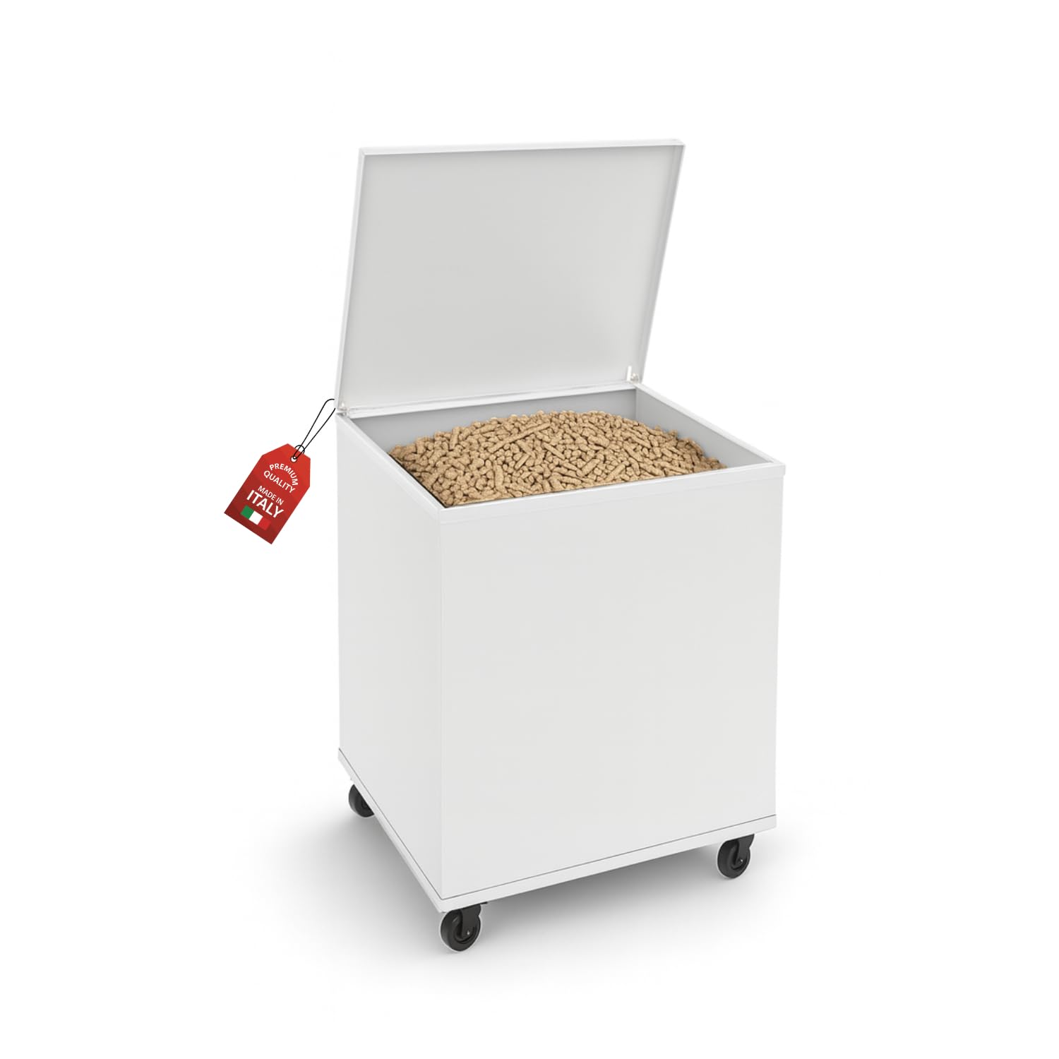 Porta Pellet da Interno Made in Italy Contenitore Baule Portapellet in Metallo Bianco 50 x 40 x 55 cm Capacità 110 L Ruote Girevoli Scatola Cesto per Stufa a Pellet Camino