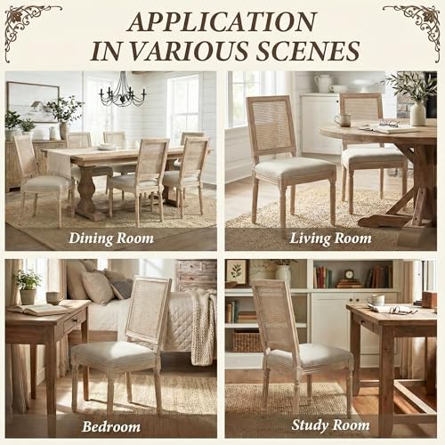 مجموعة كراسي طعام بتصميم ريفي من دي ام فيرنتشر، مجموعة من 4 كراسي منجدة من الكتان مع ظهر مستطيل من الراتان، كراسي مطبخ خشبية لغرفة الطعام/المطبخ/المطعم، بيج