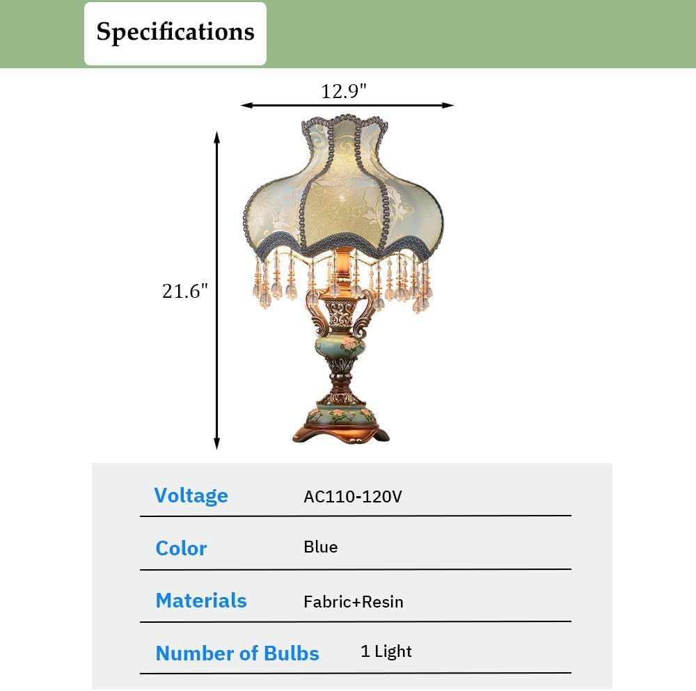 Lovely Table Lamp with Fabric Lampshade, Antique Flower Decorative Bedside Desk Lamp, Crystal Night Light for Bedroom Nightstand, Blue Finish