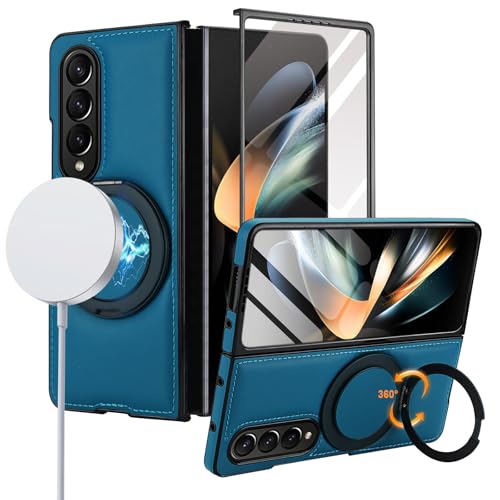 XKchatpt Case for Samsung Galaxy Z Fold 3 Kickstand 360 Rotatable Stand Case with Screen Protector PU Leather Support wireless charging Anti-Shock Anti-fall Cover for Galaxy Z Fold 3 (Blue)