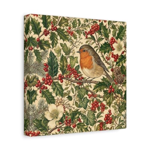 Toile vintage salon rouge gorge cadre carré décoration murale oiseau rétro