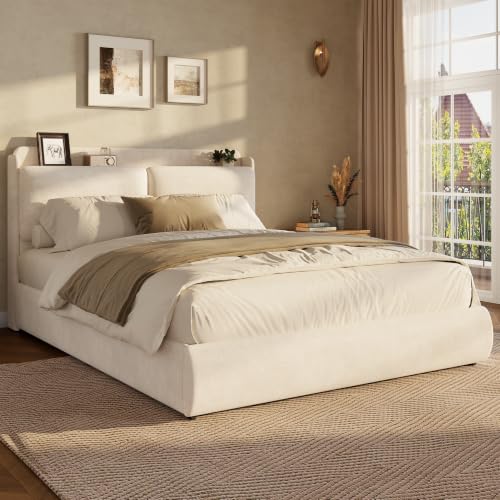 Image of Garvee Queen Upholstered Bed Frame with Shelf & Drawers- Beige