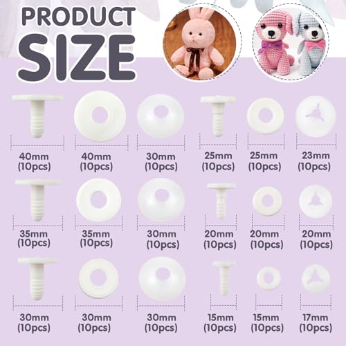 TOAOB 60 Sets of Jointed Joints White Plastic 15mm 20mm 25mm 30mm 35mm 40mm Animal Joints and Washers for Doll Arms Legs Limbs Heads - Image 2