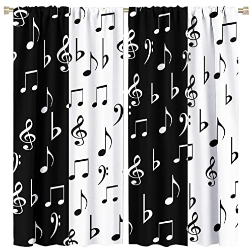 Music Note Curtains Rod Pocket Musical Fantasy Vintage Art Rustic Black And White Window Drapes 2 Panel Set For Bedroom Living Room Decor 42X45In #TOP16