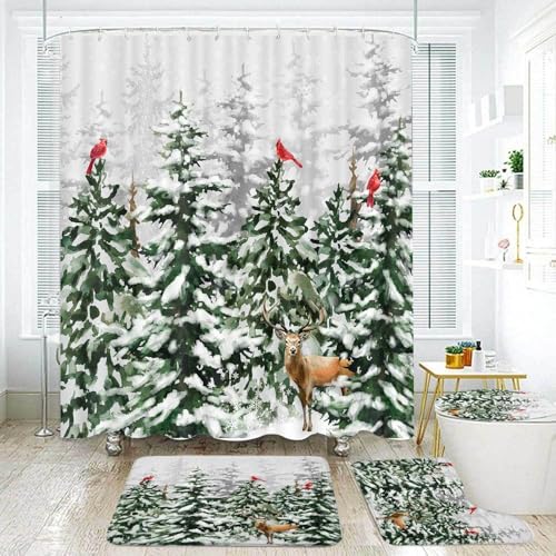 Hjokiupt 4 Pcs Winter Christmas Shower Curtain Set, Cute Snowman