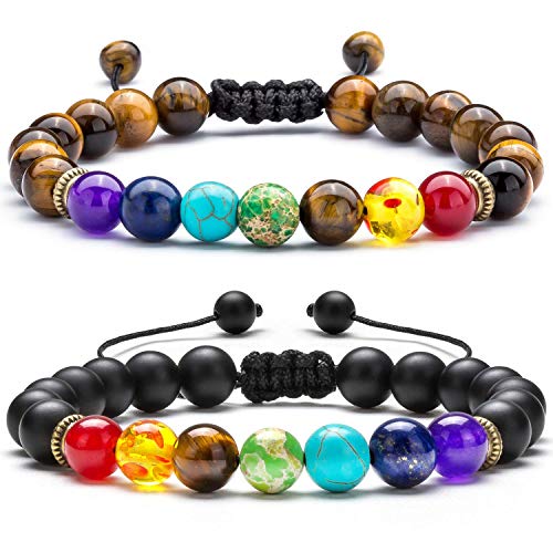 Pulseras de chakra para mujer, pulseras de cuentas de piedra de lava para hombre, pulsera elástica ajustable de 7 chakras (negro, 13), 13, roca de lava Cover