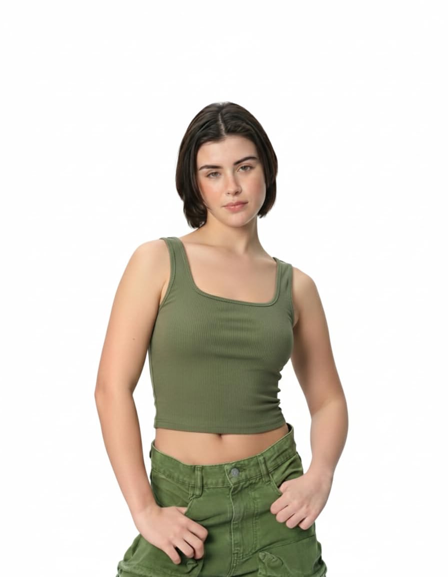Women's Ribbed Crop Top, Olive Green, Square Neck, Sleeveless, Casual Style-picture-10