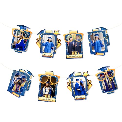 Image of pinkblume Graduation Party Decorations Navy Blue and Gold Grad Photo Banner Royal Blue Gold Congrats Grad Photograph Bunting Garland for 2026 Graduation Celebration Party Decorations Supplies