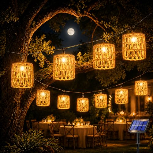 Shengruil Guirlande Lumineuse Exterieure Solaire 10 LED,Guirlande Solaire Exterieur,En Rotin LED Blanc Chaud,Pour balcon, jardin, extérieur