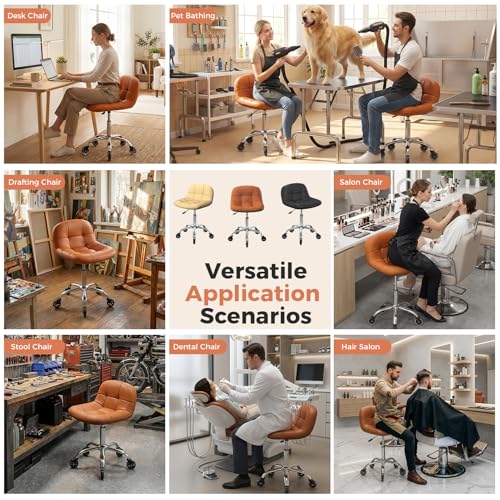 Image of Rolling Stool Chair with Wheels, Height Adjustable Stool with Back Support, Office Drafting Chair with PU Leather Cushion for Home Office Kitchen Vanity Salon Garage Tattoo Dentist Esthetician(Camel)