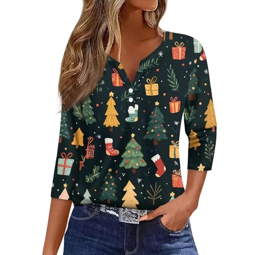 Image of Women Christmas Shirt 3 /4 Length Sleeve Henley Tops Xmas Outfits