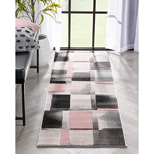 Well Woven Lane Blush Pink Modern Geometric Boxes & Squares Pattern Runner Rug (2'7