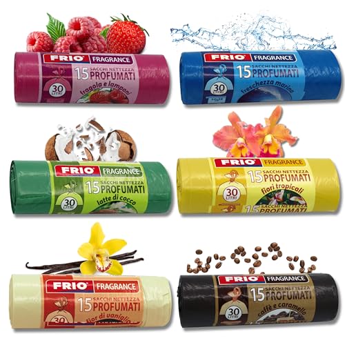 FRIO Multifrutti - 90 Sacchetti spazzatura 30 Litri Profumati, 6 Confezioni da 15 Sacchi immondizia con 6 aromi e colori assortiti - 52x58 cm - Buste per pattumiera resistenti, piccoli, differenziata