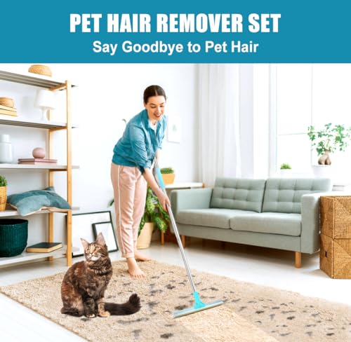 Carpet Rake for Pet Hair Removal, Adjustable Long Handle Pet Hair Remover Set with Innovative Metal Edge, Cat Dog Hair Broom, Reusable Fur & Lint Remover for Carpet, Rug, Mat, Couch