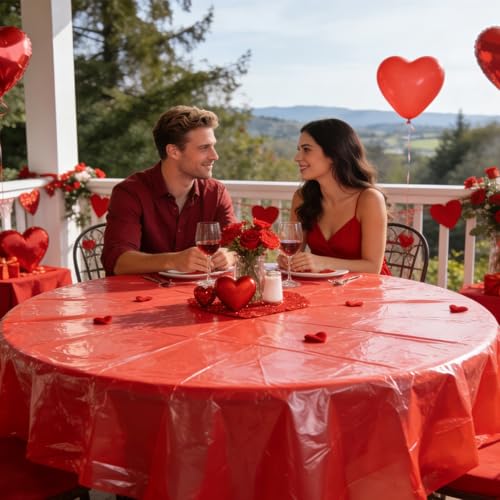 Image of CIEOVO 12 Pcs Valentine's Day Plastic Tablecloths, Disposable Round Red Pink Table Cover 84 Inch Waterproof Table Covers for Valentine's Day Family Wedding Birthday Bridal Shower Party Decorations
