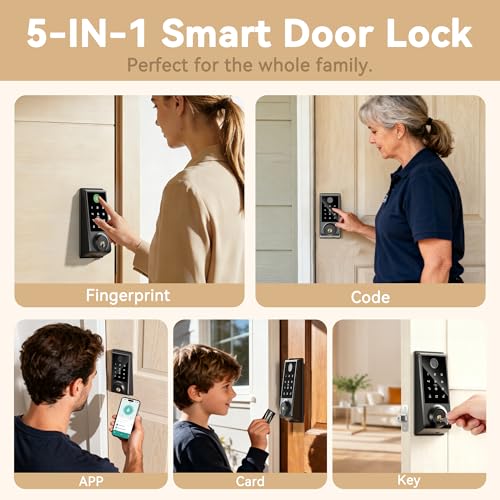 Image of IRONZON Smart Door Lock, 5-in-1 Keypad Deadbolt for Front Door, Keyless Entry Door Lock with App Control, Auto-Lock, Anti-Peeping Password, 4 IC Cards, 15-Min Installation, Black