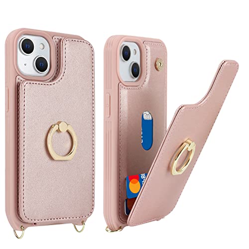 Image of for iPhone 13 Case with Card Holder for Women,Phone Case with Strap,Crossbody Lanyard,RFID Blocking,Ring Stand,Snap Clasp,Cute Wallet Cases for iPhone 13 6.1 inch(Rose Gold)
