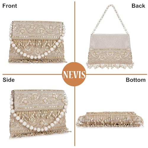 Image of Nevis PU Silk Fabric Women's Embellished bride Clutch with Pearl Handle | Fancy Designe & Wedding Potli Bag for Festive & Evening