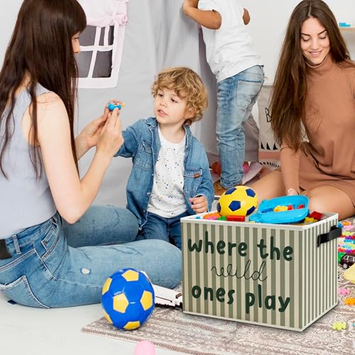Image of Green Stripe Boho Classroom Storage Bins Box with Handles, Where the Wild Ones Play Collapsible Basket Organizer for Kids Playroom Nursery Bedroom Bathroom Books Clothes