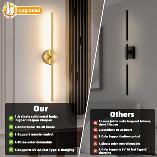 Image of Wall Sconces Battery Operated Set of Two, Gold LED Wireless Wall Sconce with Remote Control 350 Rotate, 27.6 Inch Dimmable USB Rechargeable wall Lights for Living Room Bedroom Hallway