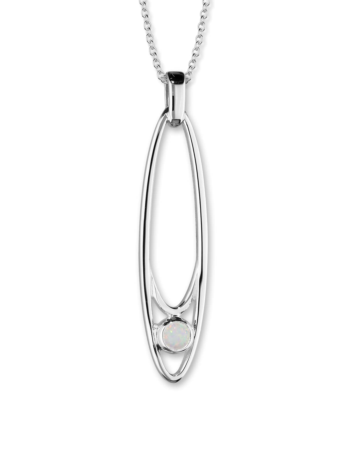 ORTAK 925 Sterling Silver Handmade Pendant Necklace Synthetic White Opal Libra Zodiac October Birthstone Long Oval Design High Polished Scottish Fine Jewellery Made In Scotland