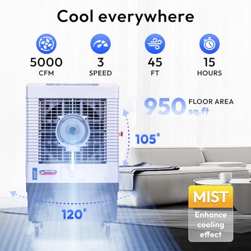 Image of Hexago 5000 CFM Evaporative Air Cooler, Swamp Cooler With Mist, 13.2 Gal Tank, Remote, 15H Timer, Oscillation, 3 Speeds, Portable swamp cooler for Garage, Patio, Commercial Use, ETL Safety Listed