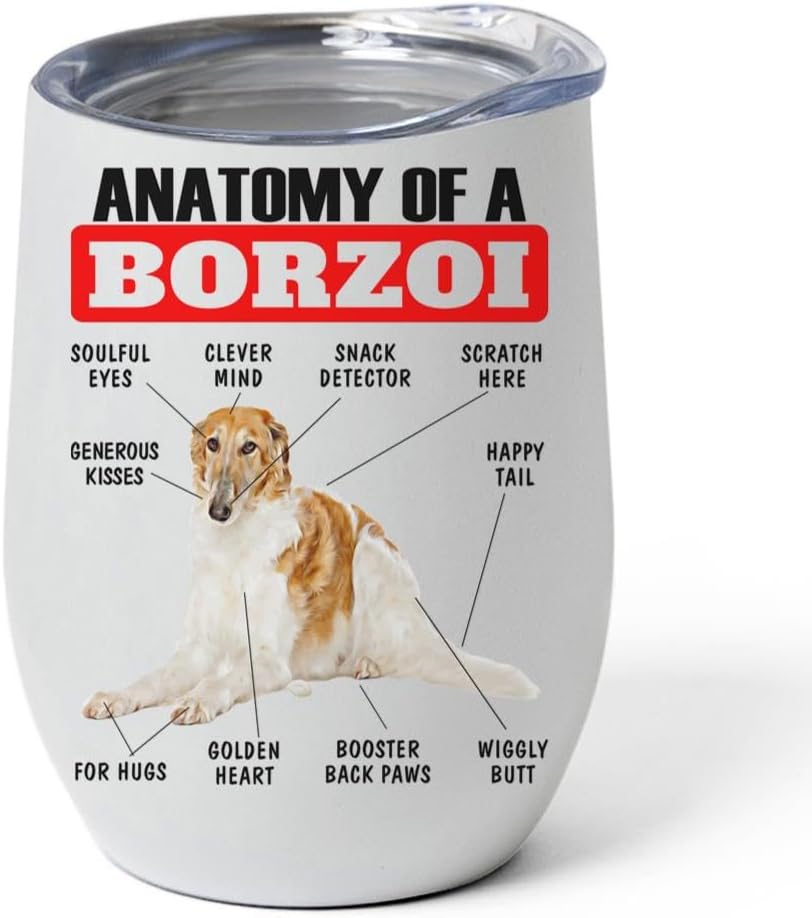 White Red Borzoi Tumbler 12oz - Funny Anatomy Chart Design - Stainless Steel Vacuum Insulated Wine Cup With Lid - Gifts for Dog Lovers