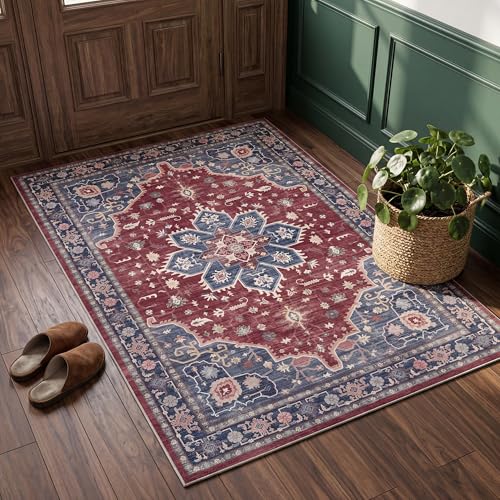 Autsel Tapis de Salon, Tapis Chambre Lavable en Machine, Petit Tapis Salon 60x90cm, Vintage Tapis Rouge, Antidérapant Tapis Oriental pour Cuisine, Salle à...