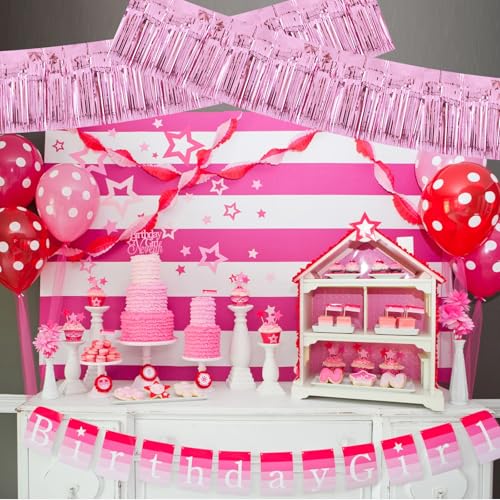 Image of BEISHIDA 3 Packs Metallic Foil Fringe Garland Pink Wall Hanging Tinsel Fringe Banners for Car Floats Birthday Baby Bridal Shower Wedding Graduation Holiday Party Decoration(30 Feet)