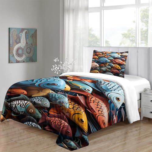 Funda nórdica 3D de peces 135x200cm con 2 fundas de almohada de microfibra para cama infantil single 5