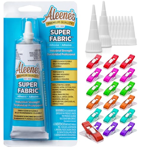 Aleenes Super Fabric Adhesive (2 fl oz) with Pixiss Fabric Clips and Applicator Tips - Water and UV Resistant - Permanent Glue for Clothing, Patches, Quilting - Fast Drying, Non Foaming - Strong Bonds