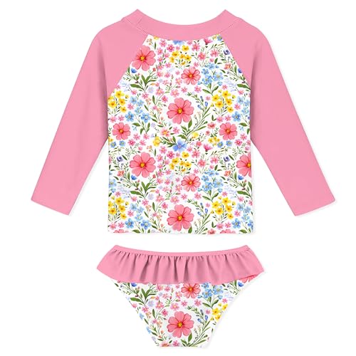 Image of Funnycokid Girls Swimsuit Toddler Bathing Suit Long Sleeve 2 Piece Rash Guard Set for Kids 2-10 Years