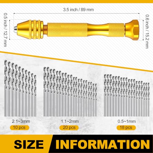 Image of Zhehao 59 Pieces Hand Drill Bits Set Include 49 Pcs Metal Pin Vise Hand Drill Micro Mini Twist Bits and 10 Pcs Tungsten Carbide PCB Rotary Tools for Resin Polymer DIY Jewelry Making Carving (Gold)