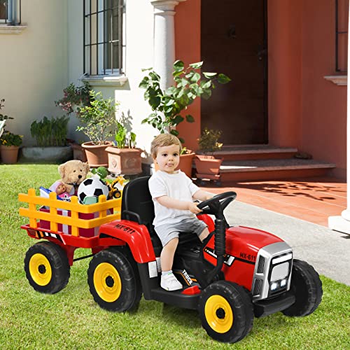 RELAX4LIFE Tractor Eléctrico para Niños 12V con Remolque Extraíble y Control Remoto, Coche Eléctrico para Niños con 3 Velocidades/Luz/Sonido/Música/Bocina/USB para Niños 3+ Años, Carga 30kg (Rojo)