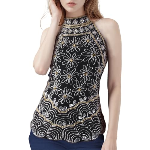 Vijiv Women's 1920s Inspired Beaded Sequin Top High Neck Sleeveless Floral Shimmer Glitter Blouse Formal Gatsby Shirt
