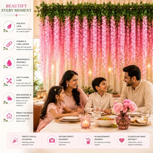 Image of Tia Crafts Artificial Hanging Flowers for Ceiling Balcony | Purple Wisteria Vine | Home Party Decor Garden Outdoor Greenery Office Wall Decoration |Waterproof Washable 3.7ft /45 Pack of 6 (Pink, 6)