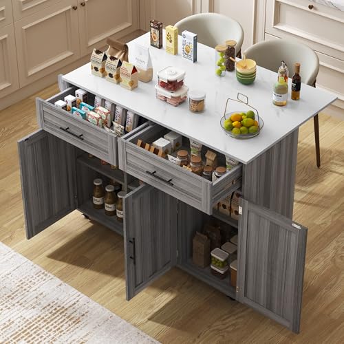 Desserte îlot de Cuisine sur Roulettes, Meuble de Cuisine avec Plans de Travail Rabattable en Bois, Porte-torchons, 2 Tiroirs, 3 Portes avec Rangement,...