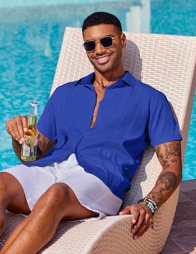 Image of COOFANDY Mens Cuban Guayabera Shirt Short Sleeve Button Down Shirts Summer Beach Vacation Shirts