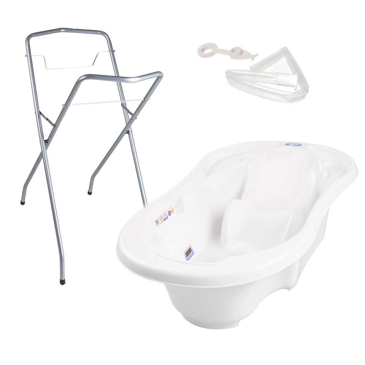 Baignoire bébé avec réducteur et thermomètre intégrés Blanc + Pied + Tuyau