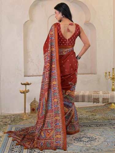 Image of SIRIL Women's Printed Silk Saree with Zari Border & Tassels