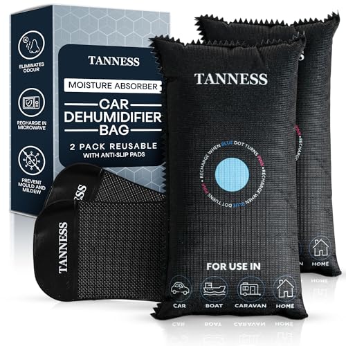 Tanness Set of 2 x 1kg Car Dehumidifier Bags with Anti-Slip Pads – Essential Accessories, Moisture Absorber, Reusable, Recharges in Microwave – Multipurpose for Car, Home, All Spaces & Vehicles