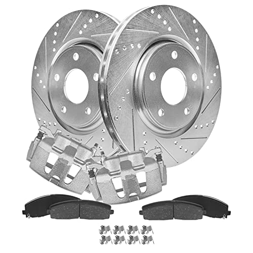 Image of Detroit Axle - Front Brake Kit for Chrysler Town & Country Voyager Pacifica | Dodge Grand Caravan Ram C /V 12.99'' inch Drilled & Slotted Brake Rotors Brake Pads Brake Calipers Replacement