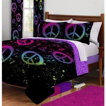 9pc Girl Black Pink Green Purple Peace Sign Twin Comforter and 2 Curtain Sets (9pc Room in a Bag)
