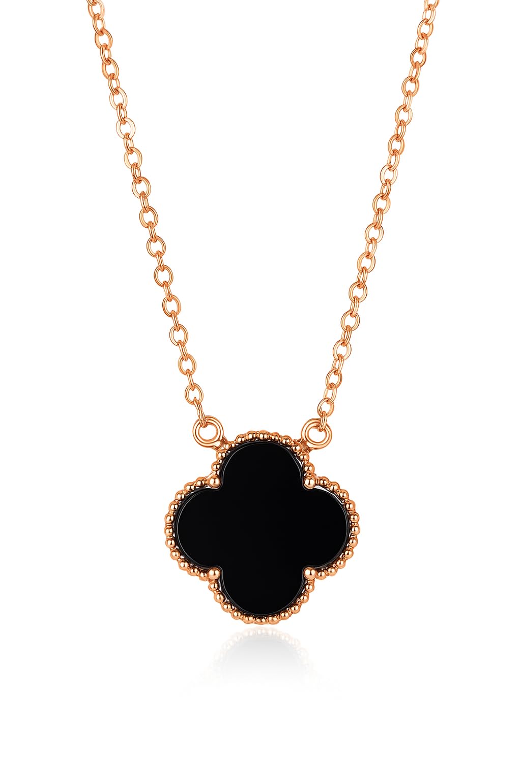 925 Sterling Silver, Black Onyx Clover Pendant Necklace, Rose Gold Chain, Modern Gift for Women and Girls, Silver fashion Jewellery