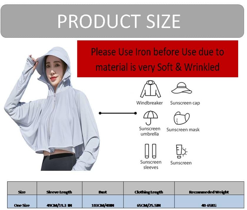 Image of Alexvyan Size-L Grey Women's UV Protection Jacket, Lightweight Summer Sun Screen Hoodie with Visor, UPF 50+ Protection for Outdoors, Shirt Full Zipper Sun Protection Jacket- FIT 50-65 KG