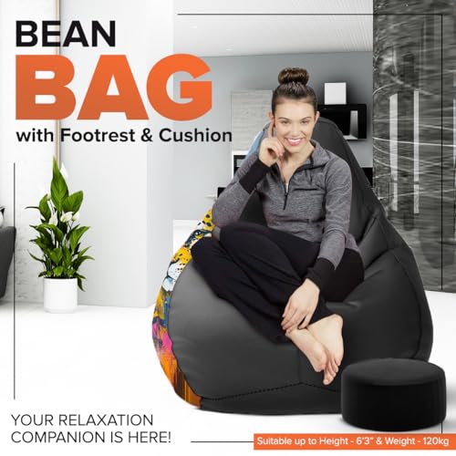 Image of Amazon Brand - Solimo Premium Faux Leather Bean Bag Combo with Footrest & Cushion, Filled with Beans | Capacity: Upto 6 Ft 3 in Height, 120 KG Weight | 4XL | Cheetah's Gaze | Black