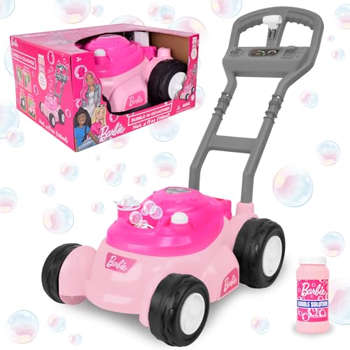 Barbie Bubble Lawn Mower for Toddlers, Bubble Blowing Machines, Indoor and Outdoor Gardening Toy, Birthday, Party Favor for Preschool Girls, No Batteries Required, Includes Bubble Solution, 2+